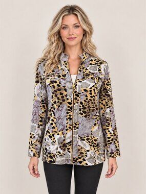 Berek 2 Animal Print Zip Jacket Grey Cream Yellow Lightweight Soft Cotton  S